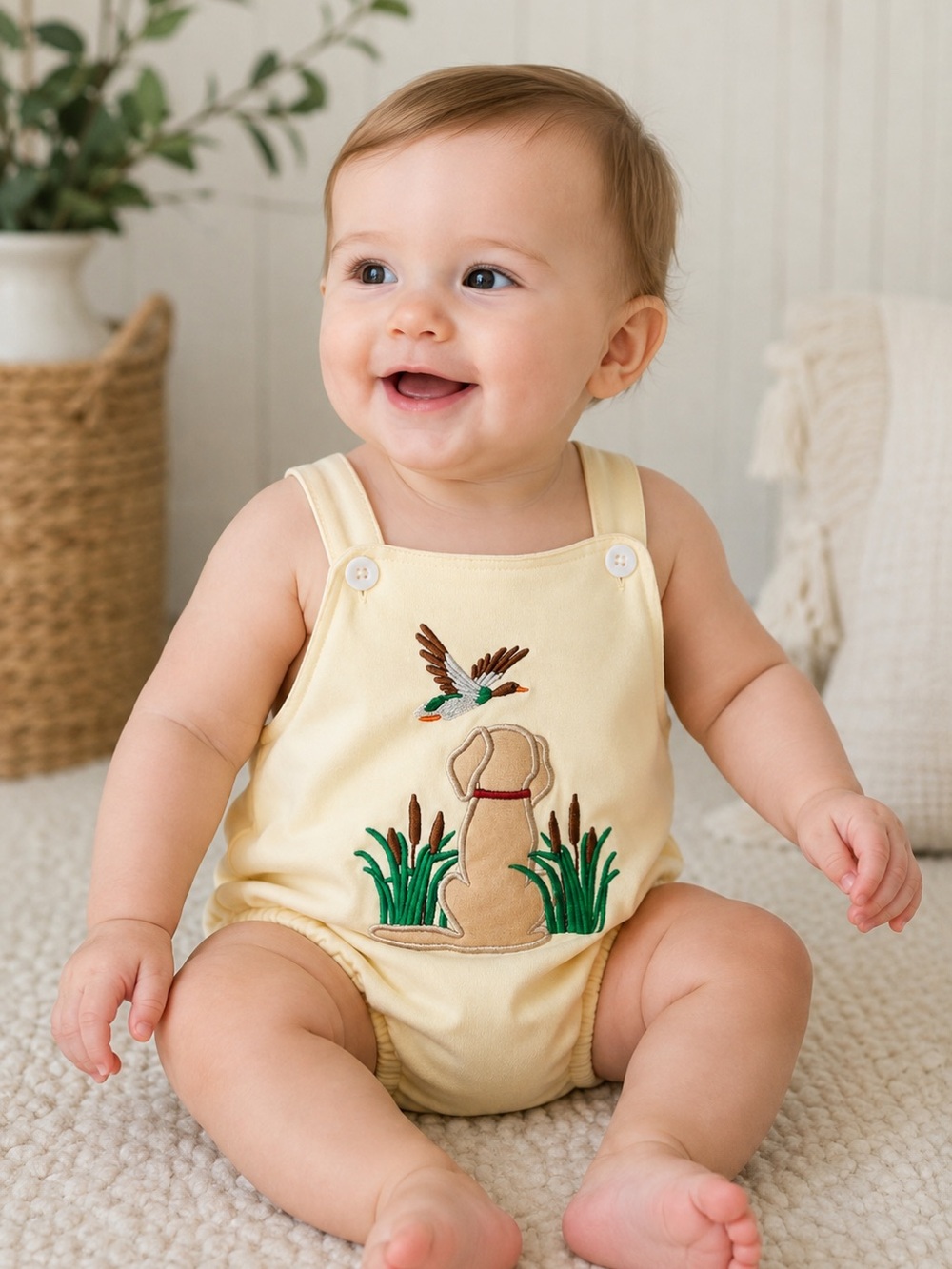 Baby Sun Yellow Embroidered Dog Romper Duck Hunting Bubble Puppy Boy 24 months